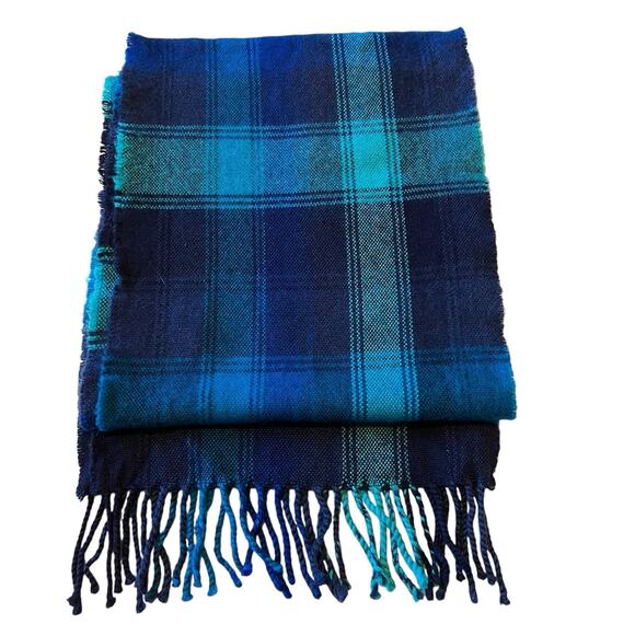 Avoca Irish Lambswool Scarf Blue Plaid Woven Pure Wool Knit Ireland 72” x 10” - Picture 1 of 4